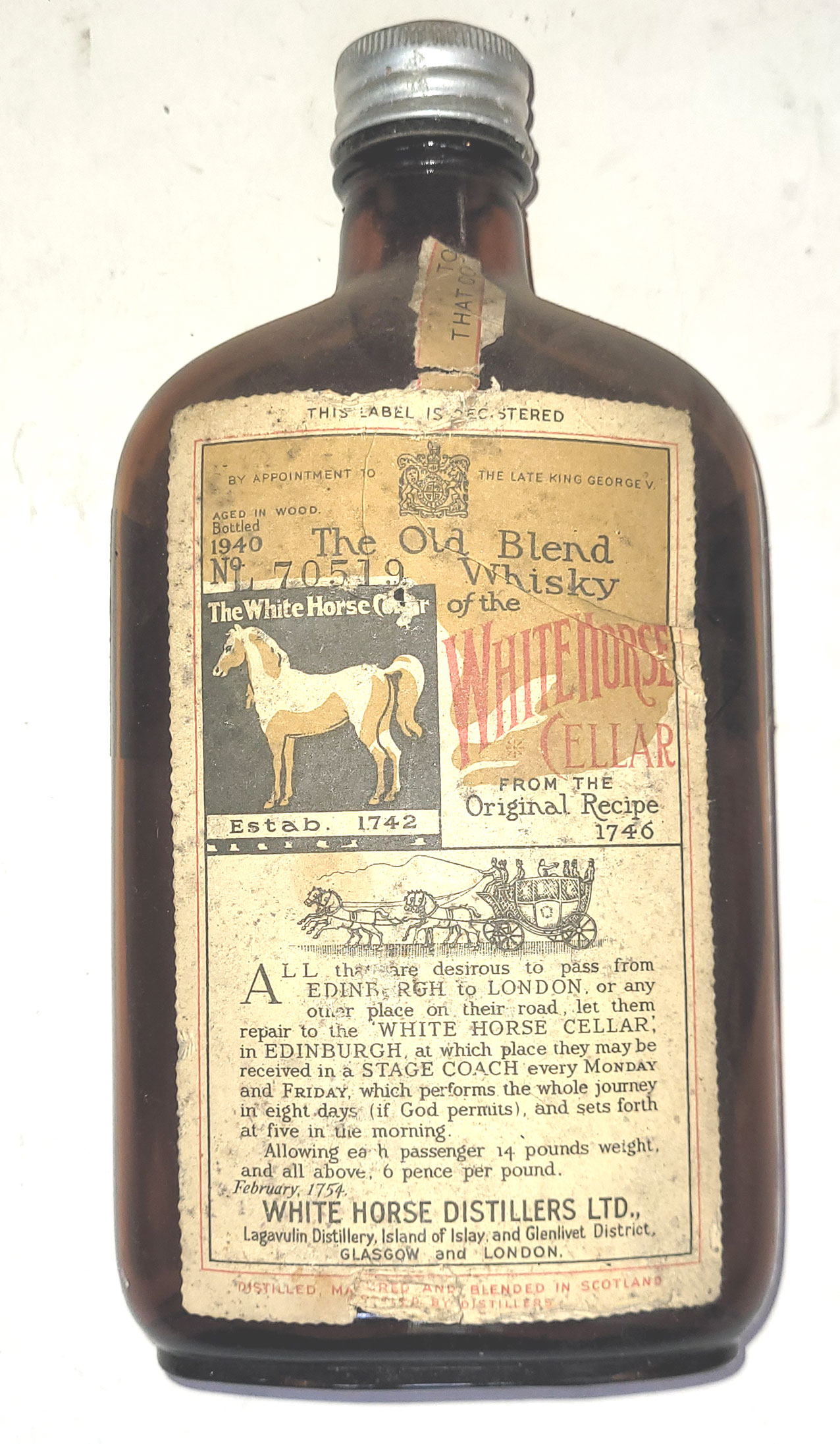 Rare 1940 White Horse Whisky Bottle - Sentimental Journey